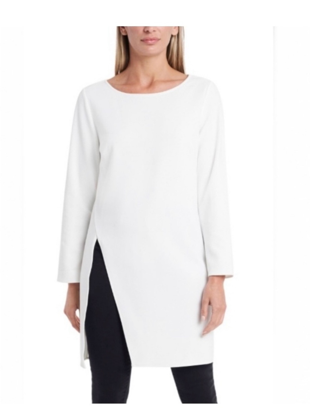 Vince Camuto Asymmetrical Cream Crepe Ponte Tunic Top with Side Slit